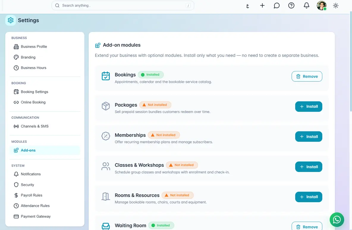 Orcaa module library where a business installs the tools it needs